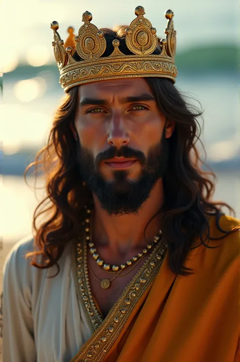 Close up shot on Jesus with long hair and beard and looking handsome and wearing gold king crown and ornaments and stand at the sea beach 