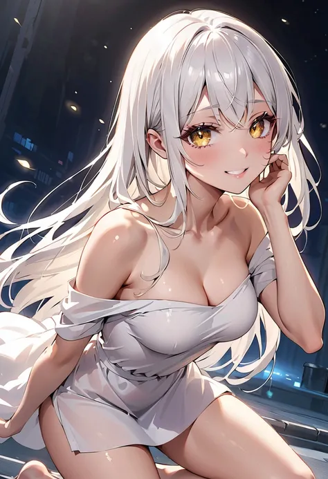  super high resolution , anime style, Extremely sexy,cool,20 generation beauty,  clear skin,Fair skin,  asymmetrical bangs , long hair, ,White Hair, A small face with a well-shaped shape, smile, blushes, Moist eyes,Glowing yellow eyes,  white dress＆ no pan...