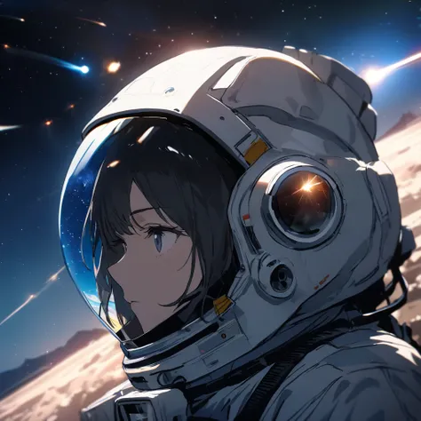   1 girl, Alone, SyFyEye1, Astronaut, Space Suit,  clear visor,   Portraits,   Sideways  , Glass Reflection,   Standing ,  outdoor,   starry sky  , galaxy,   lens flare, SF, movieような, movie, High budget, (masterpiece), (  top quality), (  super detailed), ...