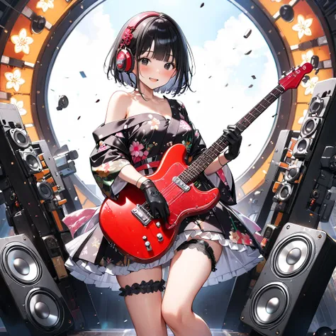 1 high school girl、(black eyes:1.5),(smile),(Singing a song:1.5)、(blush:1.5),((black short hair :1.5))、(very long sidelocks:1.5),(holding one electric guitar with both hands:1.5)、(point the gun at view:1.5),( small breasts:1.5)、(off shoulder floral mini yu...