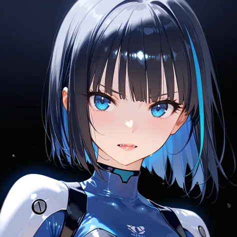 1girl ,shiny skin ,gleaming skin,serious face,, fangs,black hair, highlights hair, (Blue streaked hair:1.2),short hair,bob hair,,hime cut, eyelashes,lips gloss,,fine fabric emphasis,shinobi costume,,black and blue line bodysuit,portrait ,from front,(simple...