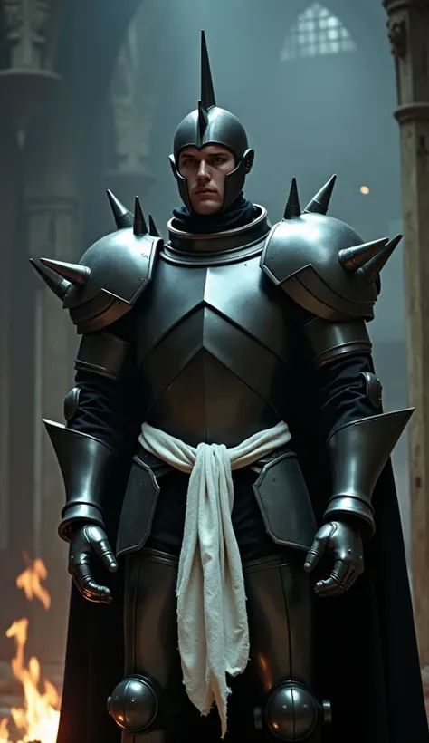 DVD screengrab, from a 1980s dark fantasy film. Retro in Color, featuring Alphonse Elric of "full metal alchemist" as a dark fantasy character. Alphonse Elric is a large, gleaming metal armor with a white cloth tied around the waist. The armor is 2 meters ...