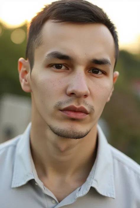 A striking portrait of a male model during golden hour, exuding a sense of calm confidence and elegance, perfectly aligned with Zara’s understated and sophisticated aesthetic. The model is captured in a close-up shot, with the focus on his face, which is f...