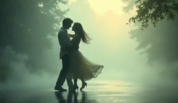 A dreamy silhouette of two people dancing in the rain