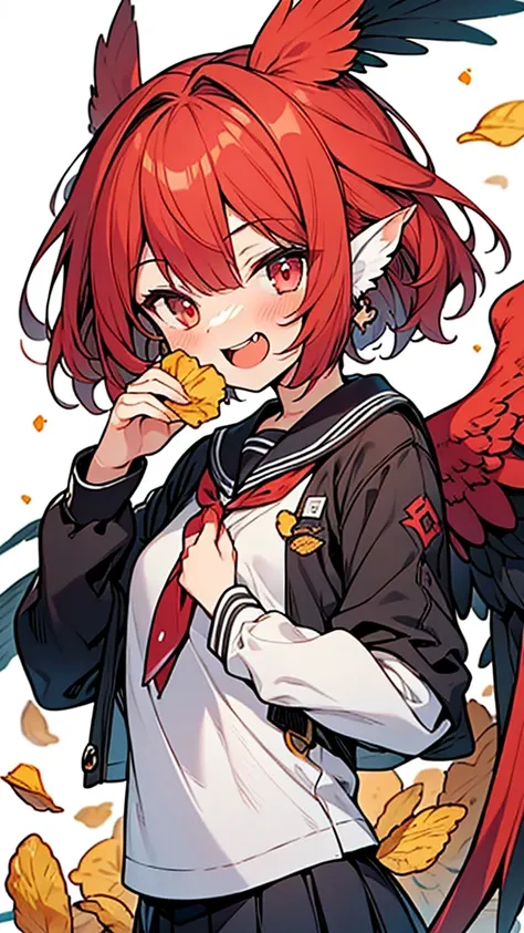 masterpiece,best quality,ultra detailed, hyper small and clean characters in hyper cute anime style illustration, one harpy girl,red hair,messy bob hair,(feather ears), harpy mini wings,laugh, long sleeve school uniform, potato chips in hand,