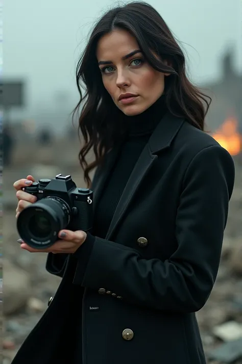 A woman who was at war as a photographer dressed in black with blue eyes and dressed in black
