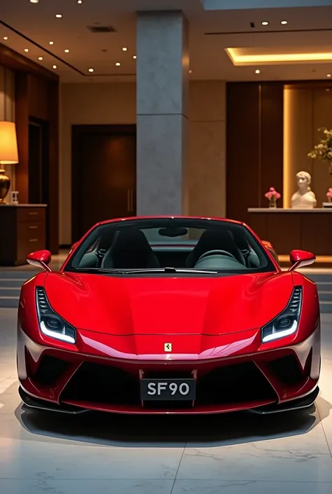 Rear front view of 2025 Red Ferrari sf90 in beautiful and luxury showroom.Car has custom  "sf90" front  license plate.