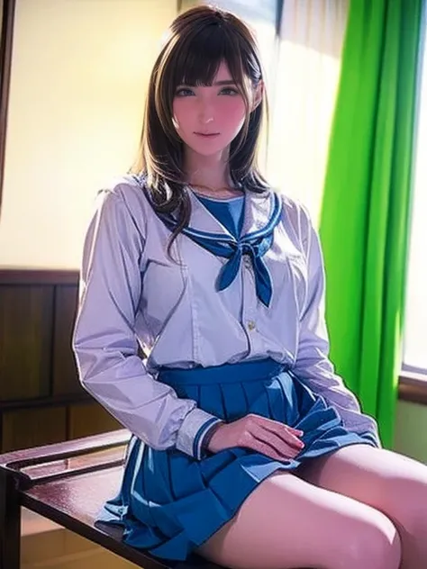  a blue Asian woman in a white uniform posing on a bench,  Japanese high school girl uniform ,  japanese school uniform,  japanese school uniformを着ている,  the principal is wearing a uniform  , 超  REAL SCHOOLGIRLS  , a hyper  REAL SCHOOLGIRLS  ,  in a strict ...