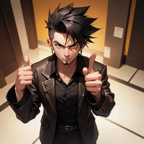 ((High quality: 1.3), masterpiece, (sharp focus: 1.5), A man in goth alternative clothing who exudes confidence giving a thumbs up. Anatomically Correct, Masterpiece, Short Hair, Black Hair, Spiked Hair, Undercut, shaggy beard, From Above, Looking at viewe...