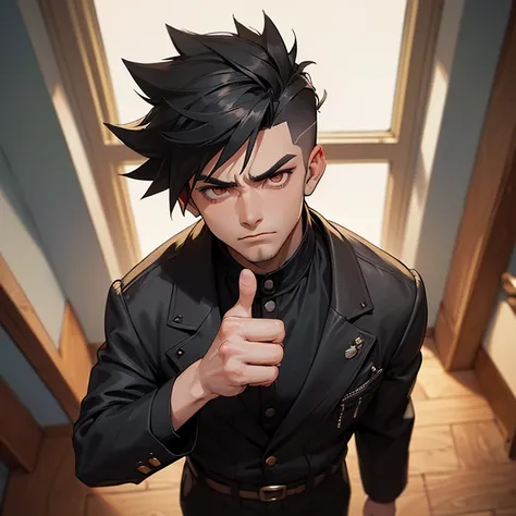 ((High quality: 1.3), masterpiece, (sharp focus: 1.5), A man in goth alternative clothing who exudes confidence giving a thumbs up. Anatomically Correct, Masterpiece, Short Hair, Black Hair, Spiked Hair, Undercut, shaggy beard, From Above, Looking at viewe...