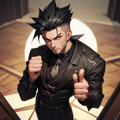 ((High quality: 1.3), masterpiece, (sharp focus: 1.5), A man in goth alternative clothing who exudes confidence giving a thumbs up. Anatomically Correct, Masterpiece, Short Hair, Black Hair, Spiked Hair, Undercut, shaggy beard, From Above, Looking at viewe...