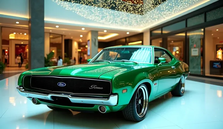 A photo of the front bonnet view of a sleek, full modified, and modern green  Ford Torino elite parked on a white surface. The background is a shopping mall with white lights. The photo reveals the luxurious interior. The overall ambiance is sleek, high-en...