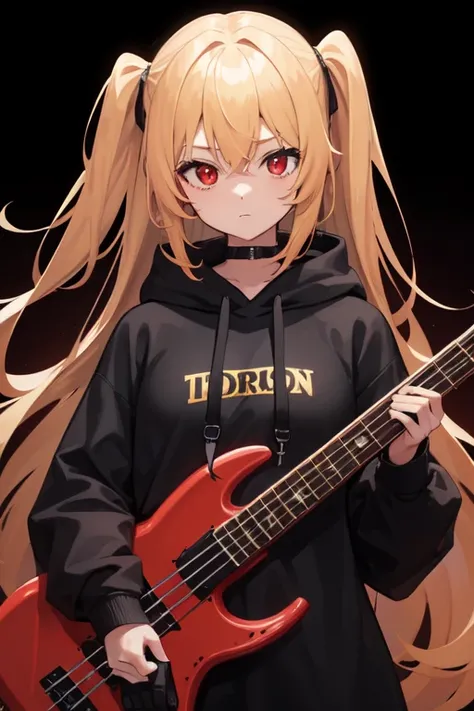 1 girl, background through, gold hair girl, (red eyes)、Super high quality, 8K、Upper body、black background、band bass guitar、black hoodie,  bass guitar、big tits, gold-haired girl、black hoodie,(droop eyes),  long hair, hair between eyes, wavy hair, extra-long...