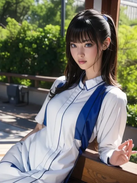  a blue Asian woman in a white uniform posing on a bench,  Japanese high school girl uniform ,  japanese school uniform,  japanese school uniformを着ている,  the principal is wearing a uniform  , 超  REAL SCHOOLGIRLS  , a hyper  REAL SCHOOLGIRLS  ,  in a strict ...