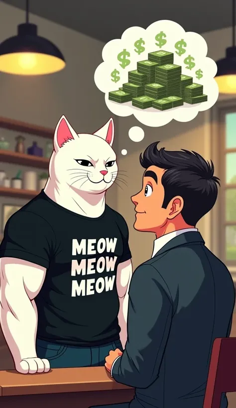 "A muscular cat , White, wearing a black t-shirt with the words MEOW MEOW MEOW MEOW in white letters. He is in a cafeteria ,  looking at a man in a suit who seems to be thinking . Above the cat,  there is a thought bubble with a pile of money and dollar sy...