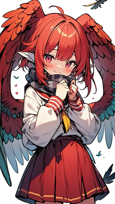 masterpiece,best quality,ultra detailed, hyper small and clean characters in hyper cute anime style illustration, one harpy girl,red hair,messy bob hair,((bird feather ears)), harpy mini wings,laugh, long sleeve school uniform, Striped scarf,