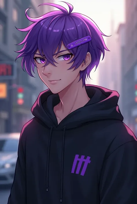  purple hair ,A teenage male young man wearing a black hoodie with a purple clip on his head that says ,
 subscription