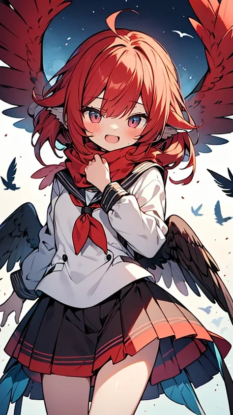 masterpiece,best quality,ultra detailed, hyper small and clean characters in hyper cute anime style illustration, one harpy girl,red hair,messy bob hair,((bird feather ears)), harpy mini wings,laugh, long sleeve school uniform, Striped scarf,