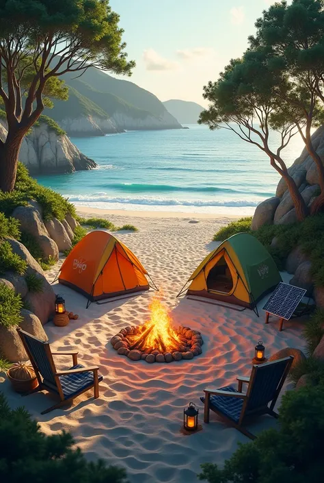 Create a beach camping site with camping tents , bonfire with solar panels