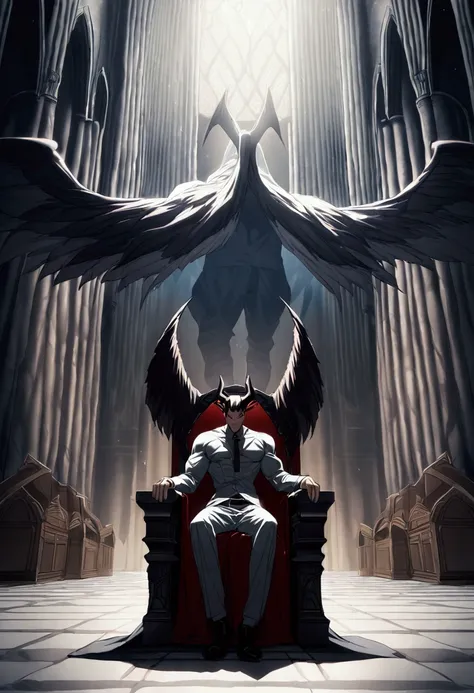 Man, sitting on a throne, man like a demon, have huge wings, giant wings, outstretched wings, man sitting on a large throne, man with large horns, man holding the handle of a mallet in his hand, Mallet resting on the floor. Terrifying atmosphere. Dark, lot...