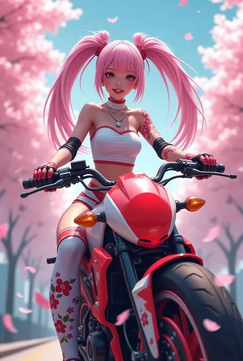 สาวเอเชียอายุ 18 ปี, a character with long pink twin tails styled in an energetic pose. She wears a futuristic outfit with a white and red color scheme featuring cherry blossom designs, complemented by thigh-high stockings and gloves. Her dynamic stance is...