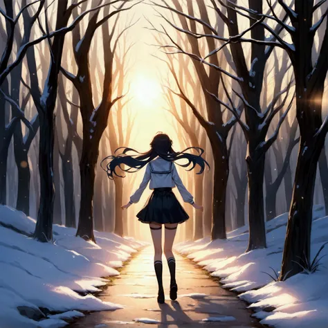 master piece,((amazing quality, great quality, top quality, very aesthetic, aesthetic, best quality)),dutch angle,A young girl resembling the character design of Rinko Kobayakawa from LovePlus, viewed from a side angle, skipping joyfully along a winter tre...