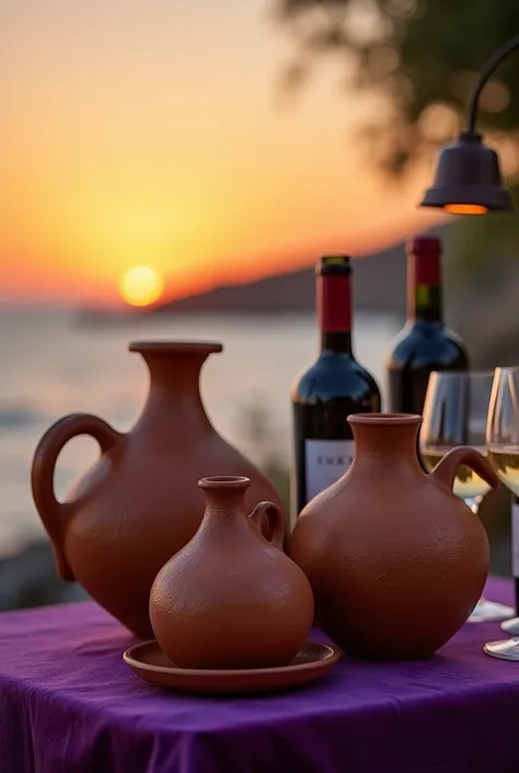 Macro shot of 3 a traditional African claypot without tribal patterns different  in size, shape, tan, placed upon a table covered in purple velvet cloth, the claypots are set on top of this table each with a bottle of redwine anf a filled glass, a special ...