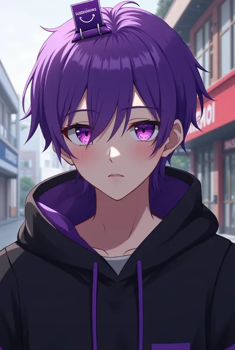  purple hair ,A teenage male young man wearing a black hoodie with a purple clip on his head that says ,
 subscription