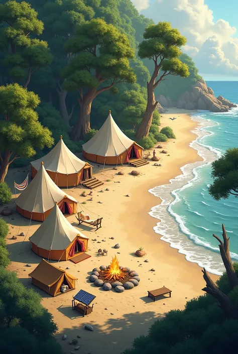 Create a beach camping site with many camping tents, bonfire with solar panels