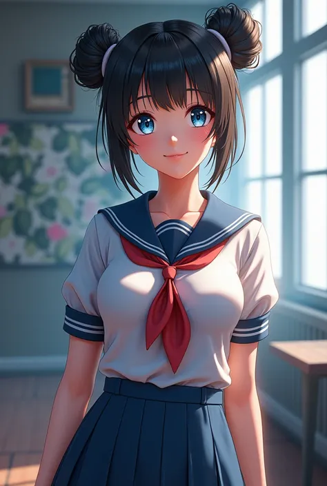 School girl, Large breasts, Smile, Double Bun, 1girl, Blue eyes, Unreal Engine, 