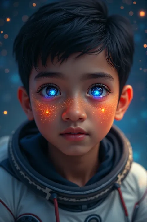 (Close-up of a better masterpiece:1.5)0.9], (Space and astronauts:1.2) and black eyes:1.2) (Space Helmet:1.0) (Colored stars in the eyes:1.0) (A radiant glow:1.1) ( flat lips:0.9) nepali boy