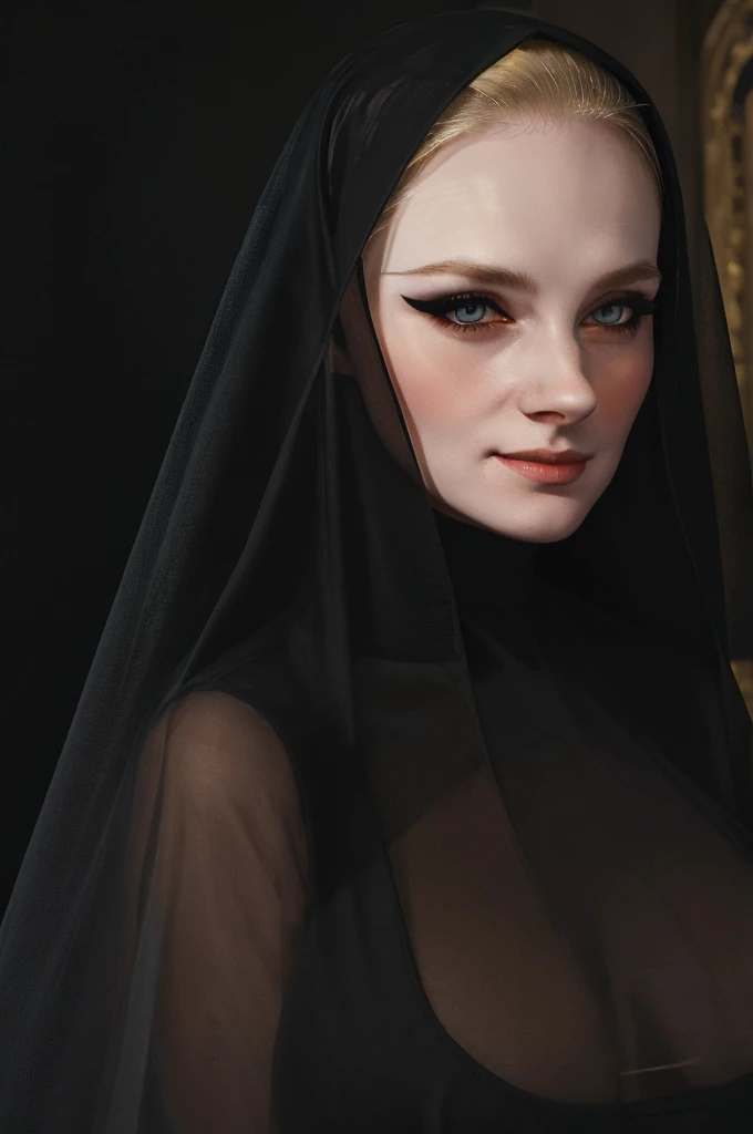 a woman pretty, blonde, slicked back ,black dress , veil , black nun veil , blonde hair , big breast,, pale skin , eyeliner ,foxy eyeliner , Caravaggios paintings、Chiaroscuro of Caravaggio , simple background , smile