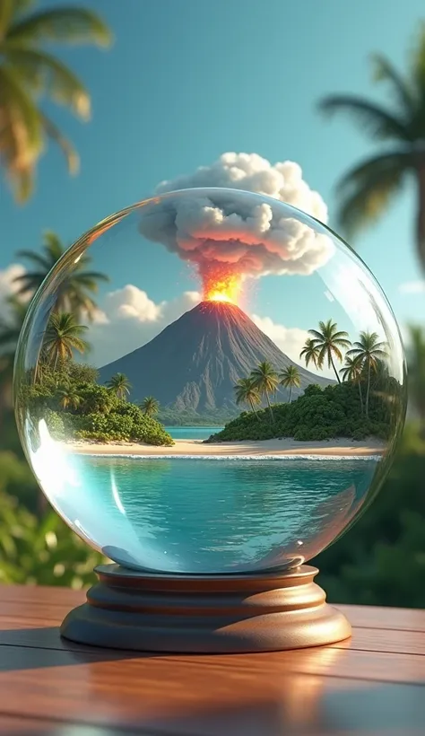 UHD, 8K, 3d, masterpiece. High detail. ultra realistic, realistic background. The world inside a glass ball on a stand. Volcanic eruption on a tropical island.