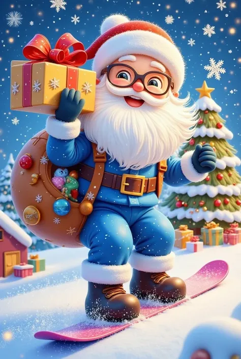   Create a digital painting image  .
  Santa is snowboarding  ,  He wears a blue suit，It has white fur on it  .   He wears black boots and reflective glasses  .
  He is holding a box with gifts in one hand .   The box is wearing a red bow  .   snowflakes f...