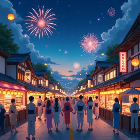 Create an anime-style image capturing the vibrant atmosphere of a Japanese summer festival at dusk. Include colorful lanterns illuminating the scene, joyful festival-goers wearing yukatas, and various stalls selling traditional snacks. Incorporate firework...