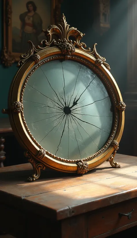 An old simple round mirror with a crack in the center on a table.