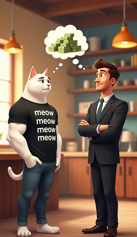 "A muscular cat , White, wearing a black t-shirt with the words MEOW MEOW MEOW MEOW in white letters. He is in a cafeteria , talking to a man in a suit who seems to be thinking. above man,  there is a thought bubble with a pile of money and dollar symbols ...