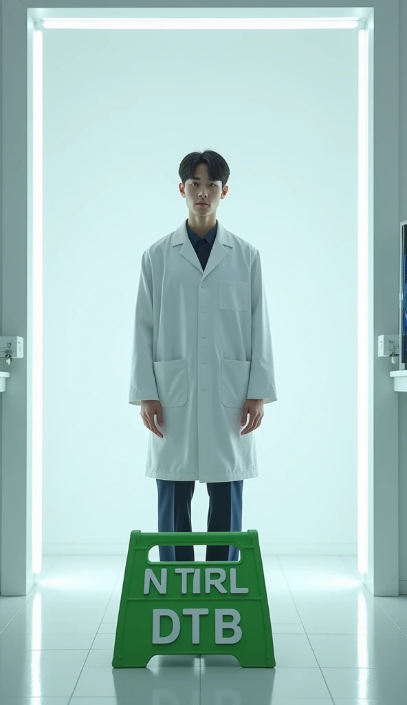 A Korean man in a lab suit, standing in front of the lab door, wide angle, with a green floor sign in front of the room, white letters, the word NTRL DTB.