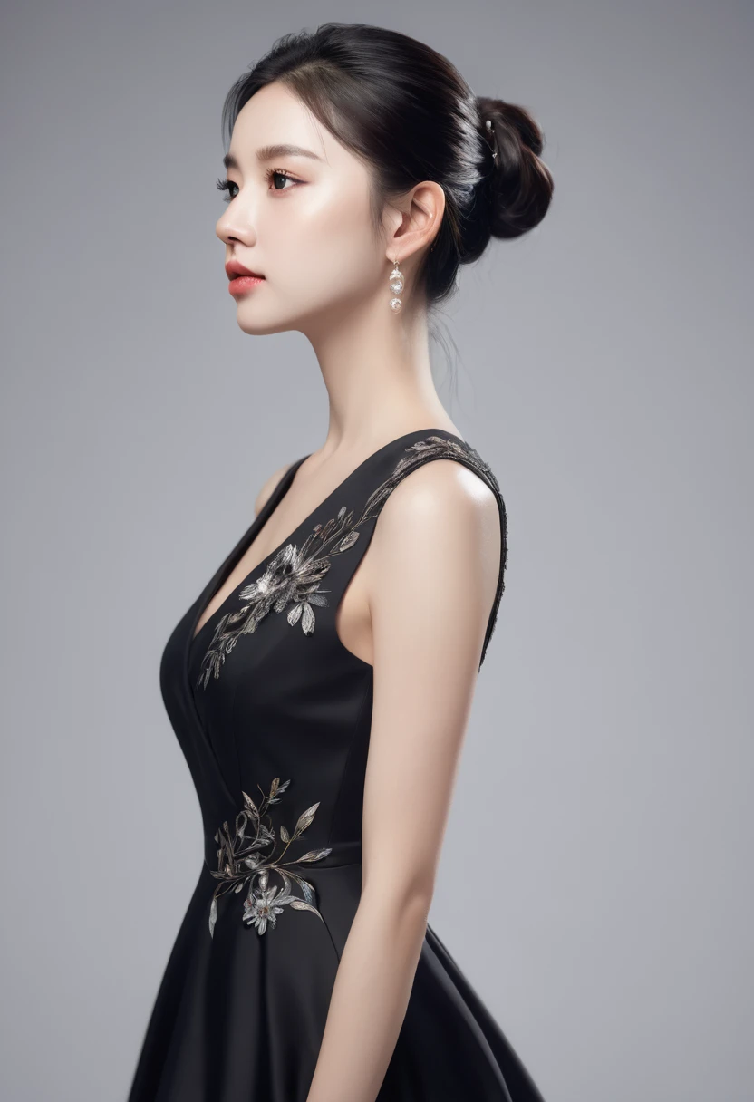 (( are of the best quality, 8K )),   of a young lovely woman, Realistic, side view, portrait,  Super Realistic ,  highly detailed ,  highly detailed  skin,  in high quality ,  black dress 