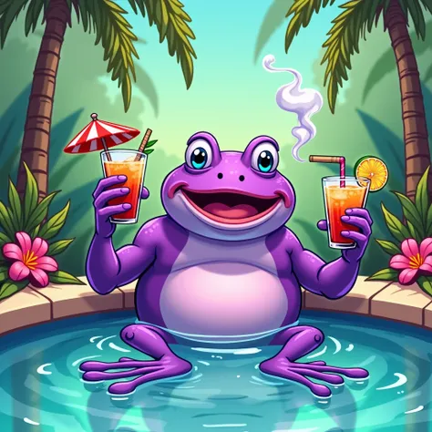 an illustration of cartoon purple frog man in the pool with tropical drink at one hand, and smoking weed