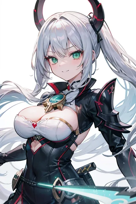  1 girl,  long hair,  turn your gaze ,  Silver Hair,  green eyes,  high definition , anime, Character portrait,  Big Breasts , Devil horns, armor、Genshin Impact、 Magic Rim、knife、 Bright Eyes , Grin,  tsundere,  odd-eye, 