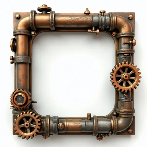 "Design a steampunk-inspired frame with brass gears, cogs, and metallic pipes. The frame should have a vintage industrial look, with rivets and bolts holding the pieces together. Add copper-toned details like steam vents or pressure gauges, and engravings ...