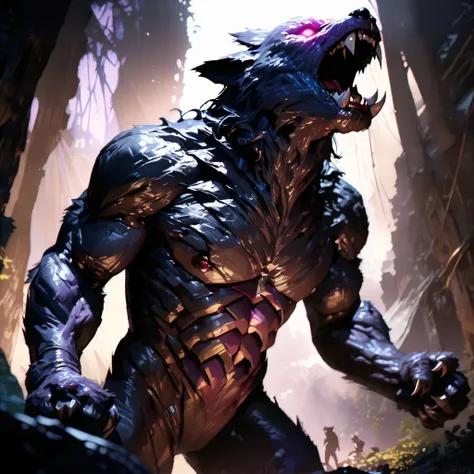 ((a werewolf)), detailed anatomy, realistic fur, glowing eyes, snarling mouth, sharp fangs, clawed hands, muscular body, standing in a dark forest, moonlight shining through the trees, moody blue and purple colors, atmospheric lighting, cinematic compositi...