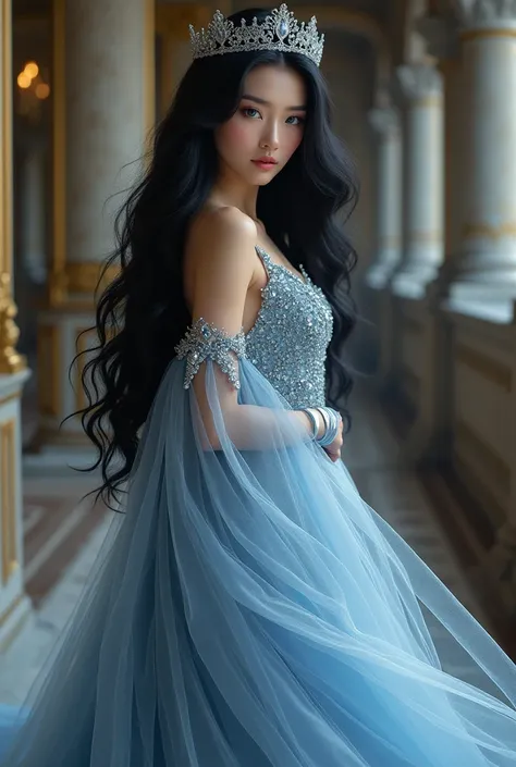  A 25-year-old princess ,  long black hair , deep blue eyes wearing a silver blue dress 