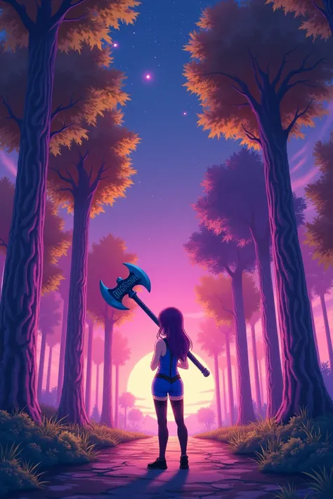 A path , a los lados árboles y los troncos tengan estrías y brillen en color purple fluorescente,  the leaves a yellow gradient , orange, purple, un atardecer purple con estrellas brillantes,  in the middle of an anime-style girl dressed in a blue jumpsuit...