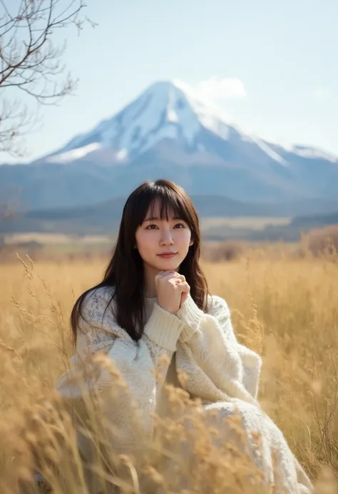  Realistic, beautifully detailed photo of a young East Asian woman sitting in a grassy field,  soft, Warm Blanket . Her long,  Her dark hair gently swings in the breeze ,  and she holds her chin with her hands ,   and she stares closely into the distance  ...