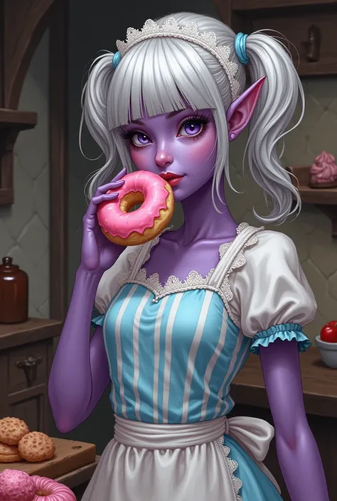 (Ultra-detailed face, looking away, Fantasy Illustration with Gothic, Ukiyo-e, Comic Art), 
BREAK 
(DarkElves: These young-aged dark elf woman have silver hair, blunt bangs, pigtail hair, dark purple skin, and lavender eyes.), (The dark elf pastry chef wea...