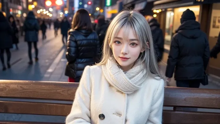 winter, urban area, Tokyo, gorgeous cityscape, amid the crowd, city shines with christmas illuminations, dressed in fluffy warm fashion with a scarf and a coat, heart is pounding with tension, a shy smile, blushing, medium length hair, pale yellow and silv...