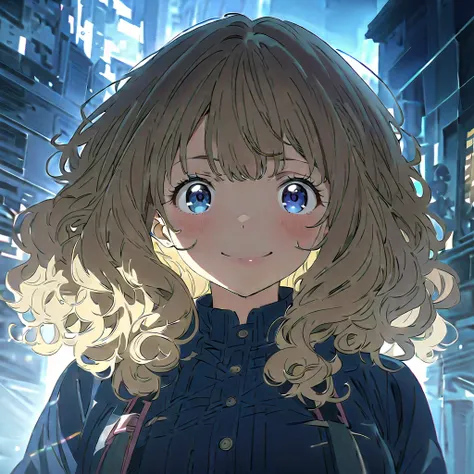 (((masterpiece))),((( top quality))),((( Extremely Detailed ))),  1 girl, Alone, Yanami_Anna (Make-in), Big Breasts,  dark blue eyes, Blonde, Thick Hair, curly hair, Double Exposure, smile,  excited,