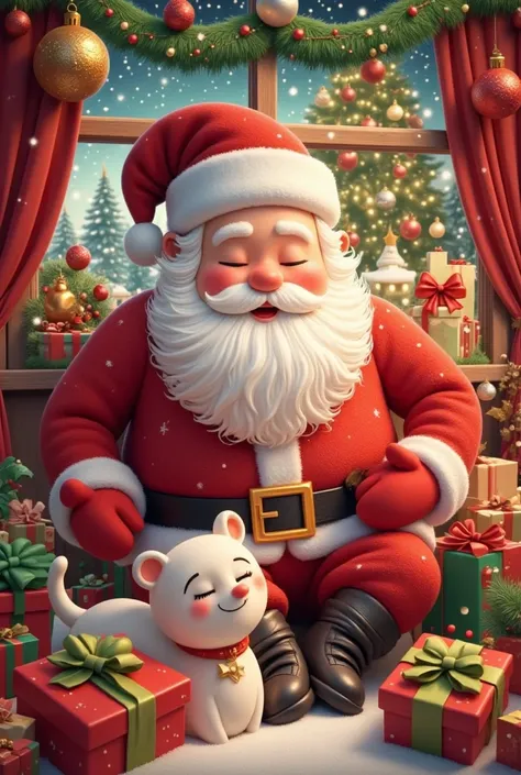 a sleeping boy in a room,santa claus holding a gift,christmas,detailed facial features,beautiful ornaments,warm lighting,cozy atmosphere,photorealistic,intricate details,cinematic lighting,masterpiece